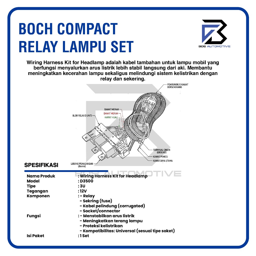 [COMPACT] Kabel Relay Set Lampu H4 Mobil BOSCH D3500 New 3 Relay 12v Untuk 2 Lampu Utama Mobil Universal - foto-produk-2