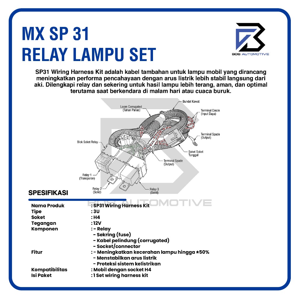 [MX] Kabel Relay Set Lampu H4 Mobil BOSCH SP Series 3 Relay 12v Untuk 2 Lampu Utama Mobil Universal - foto-produk-2