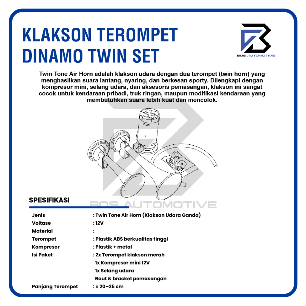 Klakson Mobil 2 Terompet Corong dengan Dinamo 12V 24V Universal - foto-produk-2
